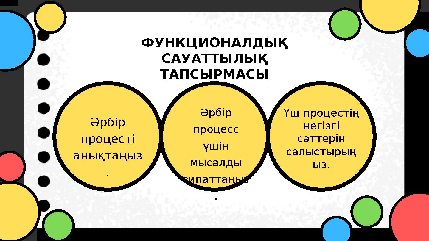 Әрбір процесті анықтаңыз . Үш процестің негізгі сәттерін салыстырың ыз. ФУНКЦИОНАЛДЫҚ САУАТТЫЛЫҚ ТАПСЫРМАСЫ Әрбір проце