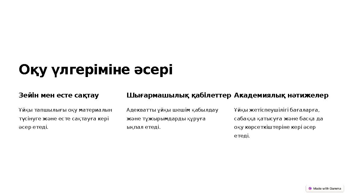 Оқу үлгеріміне әсері Зейін мен есте сақтау Ұйқы тапшылығы оқу материалын түсінуге және есте сақтауға кері әсер етеді. Шығармаш