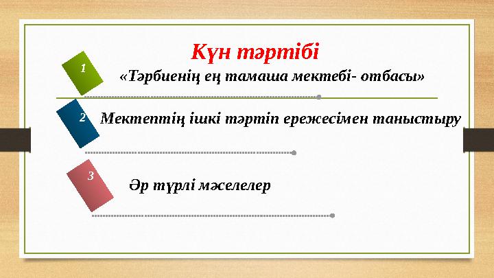 Әр түрлі мәселелер 3 «Тәрбиенің ең тамаша мектебі- отбасы» 1 Мектептің ішкі тәртіп ережесімен таныстыру2 Күн тәртібі