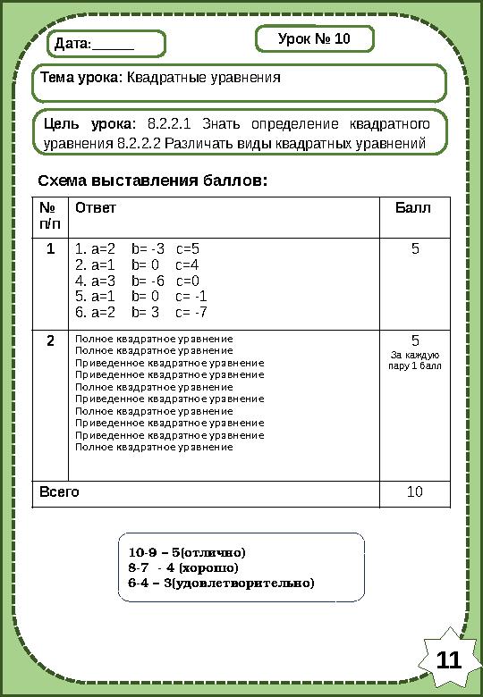 Дата:______ Тема урока: Квадратные уравнения Цель урока: 8.2.2.1 Знать определение квадратного уравнения 8.2.2.2 Различать виды