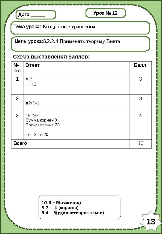 Дата:______ Тема урока: Квадратные уравнения Цель урока:8.2.2.4 Применять теорему Виета Схема выставления баллов: Урок № 12 10-9