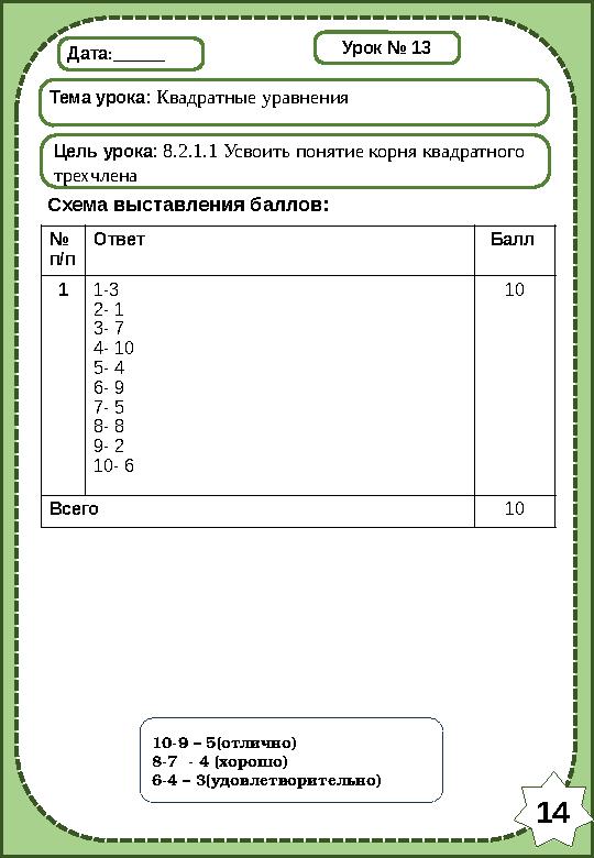 Дата:______ Тема урока: Квадратные уравнения Цель урока: 8.2.1.1 Усвоить понятие корня квадратного трехчлена Схема выставления
