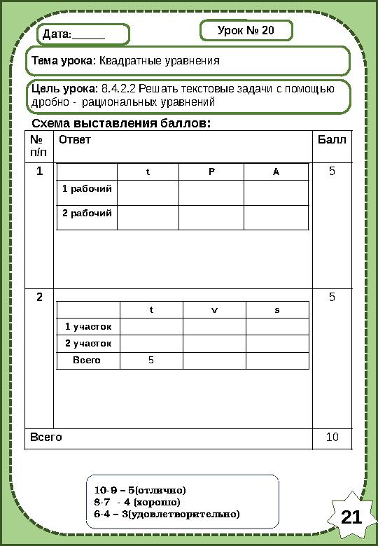 Дата:______ Тема урока: Квадратные уравнения Цель урока: 8.4.2.2 Решать текстовые задачи с помощью дробно -рациональных уравнен