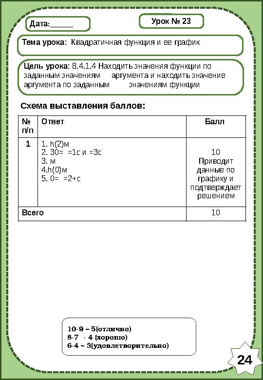 Дата:______ Тема урока: Квадратичная функция и ее график Цель урока: 8.4.1.4 Находить значения функции по заданным значениям а