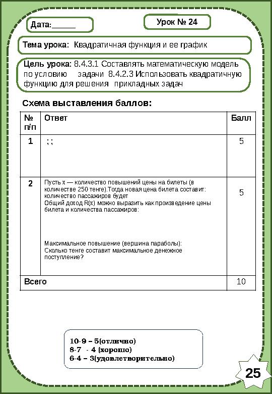 Дата:______ Тема урока: Квадратичная функция и ее график Цель урока: 8.4.3.1 Составлять математическую модель по условию задач
