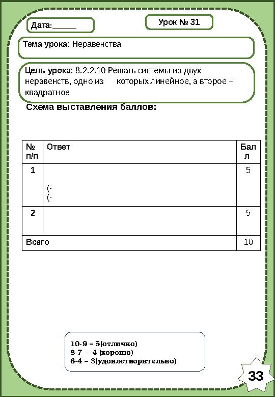 Дата:______ Тема урока: Неравенства Цель урока: 8.2.2.10 Решать системы из двух неравенств, одно из которых линейное, а второе