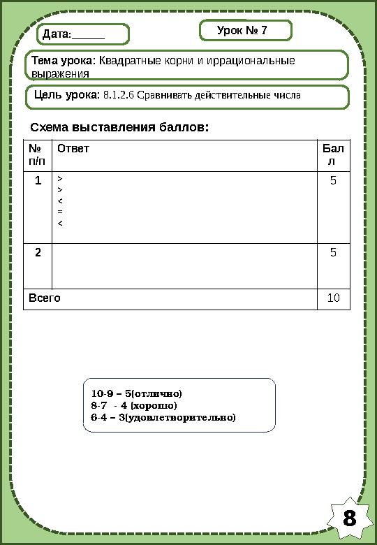 8 Дата:______ Тема урока: Квадратные корни и иррациональные выражения Цель урока: 8.1.2.6 Сравнивать действительные числа Схема