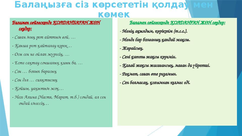 Балаңызға сіз көрсететін қолдау мен көмек Баламен сөйлескенде ҚОЛДАНБАҒАН ЖӨН сөздер: - Саған мың рет айттым