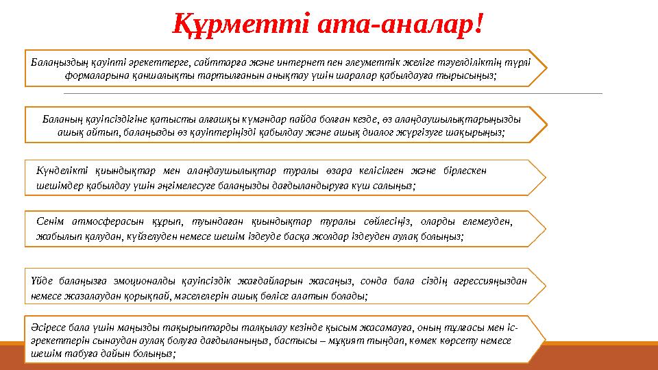 Құрметті ата-аналар! Балаңыздың қауіпті әрекеттерге, сайттарға және интернет пен әлеуметтік желіге тәуелділіктің түрлі формалар
