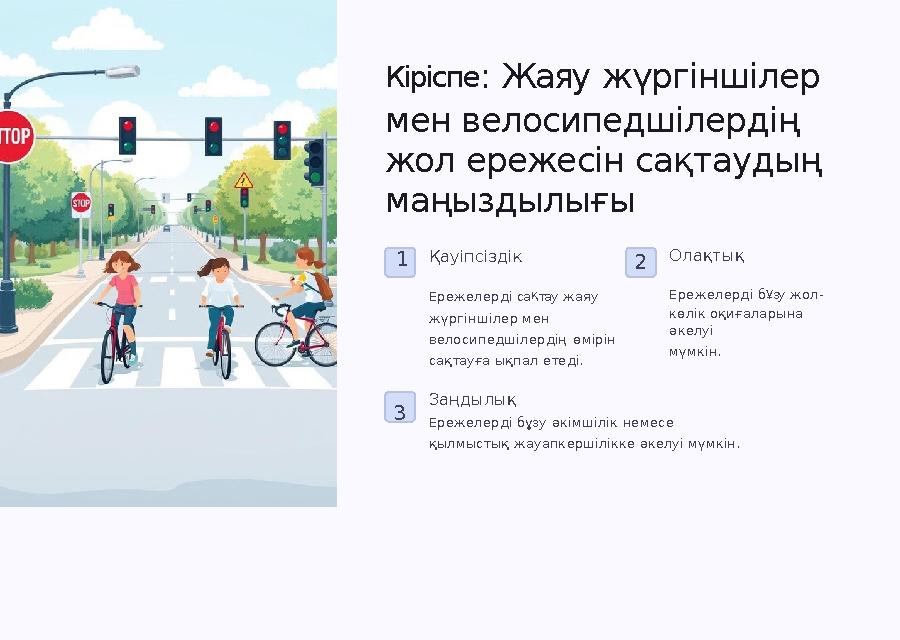 Кіріспе: Жаяу жүргіншілер мен велосипедшілердің жол ережесін сақтаудың маңыздылығы 1 2 3 Заңдылық Ережелерді бұзу әкімшілік