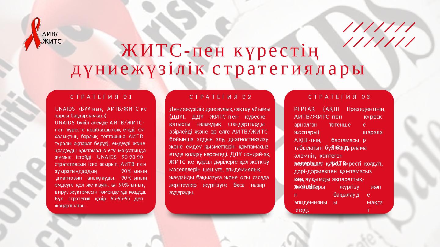 АИВ/ ЖИТС ЖИТС-пен күрестің дүниежүзілік стратегиялары ауыратындардың 90%-ының диагнозынанықтауды,90%-ының емдеуге қол жеткі