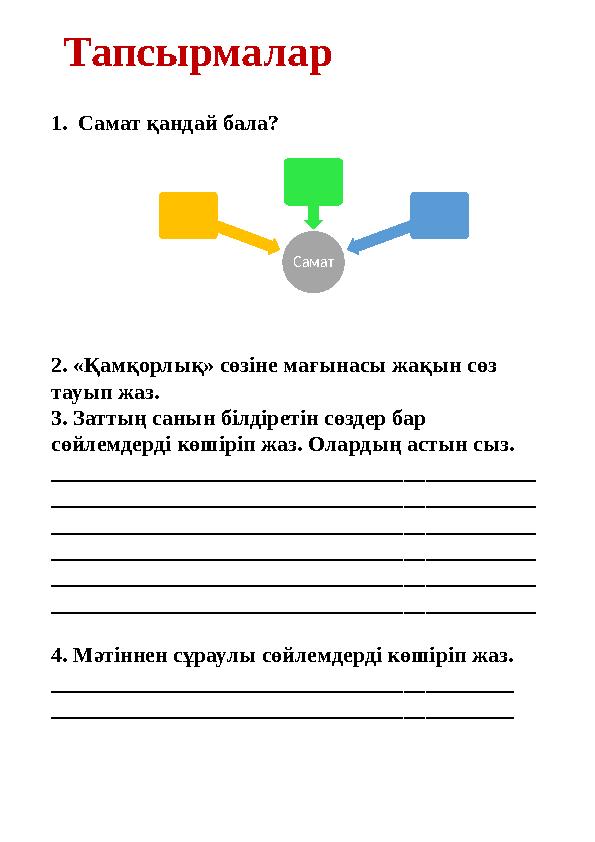 Тапсырмалар 1.Самат қандай бала? Самат 2. «Қамқорлық» сөзіне мағынасы жақын сөз тауып жаз. 3. Заттың санын білдіретін сөзд