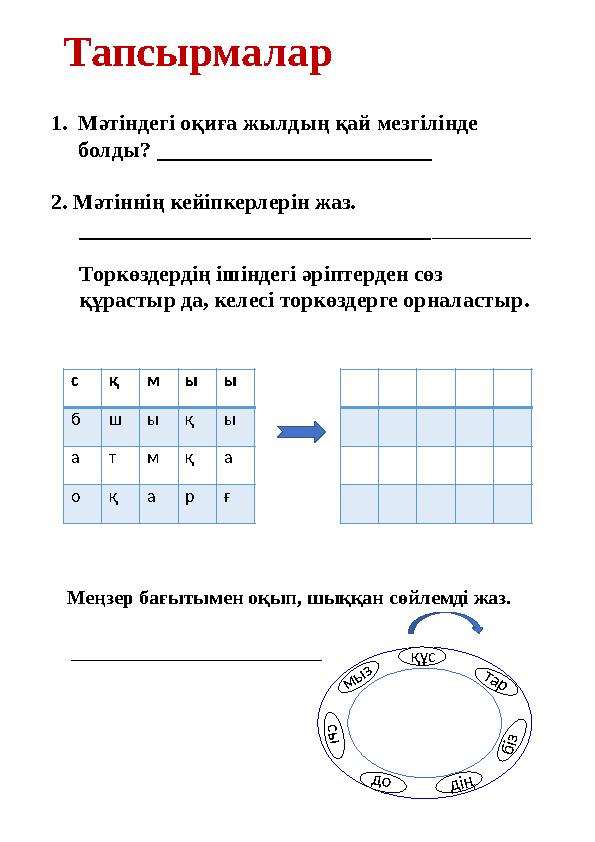 Тапсырмалар 1.Мәтіндегі оқиға жылдың қай мезгілінде болды? _________________________ 2. Мәтіннің кейіпкерлерін жаз. _____