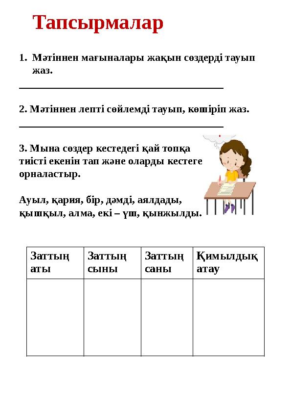 Тапсырмалар 1.Мәтіннен мағыналары жақын сөздерді тауып жаз. ______________________________________ 2. Мәтіннен лепті сөйлемді