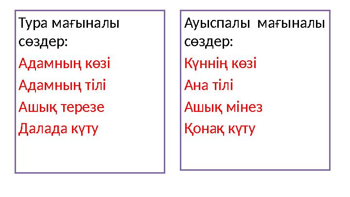 Тура мағыналы сөздер: Адамның көзі Адамның тілі Ашық терезе Далада күту Ауыспалы мағыналы сөздер: Күннің көзі Ана тілі Ашық м