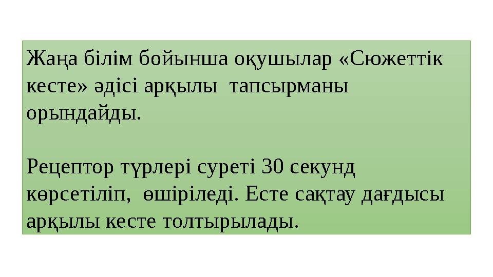 Жаңа білім бойынша оқушылар «Сюжеттік кесте» әдісі арқылы тапсырманы орындайды. Рецептор түрлері суреті 30 секунд көрсеті