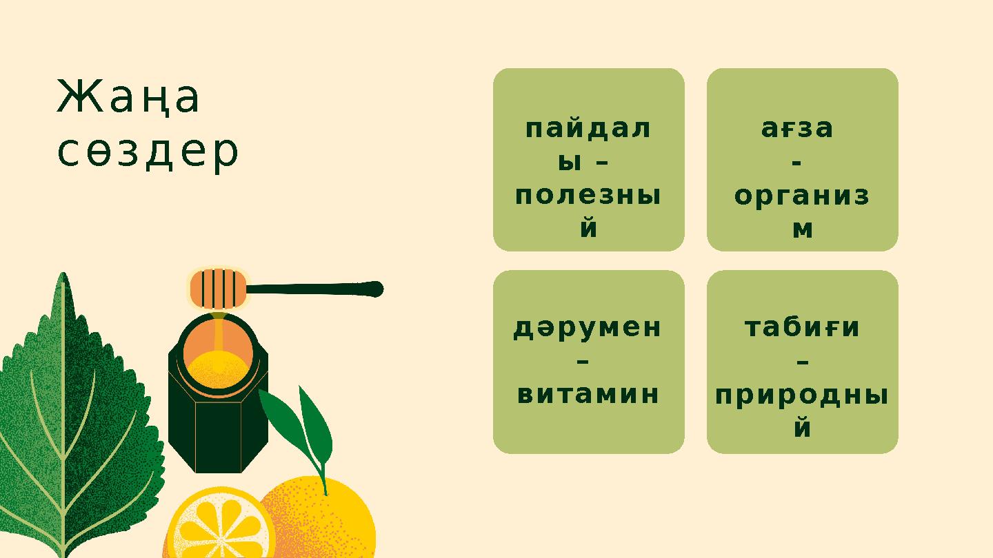 пайдал ы – полезны й Жаңа сөздер табиғи – природны й ағза - организ м дәрумен – витамин