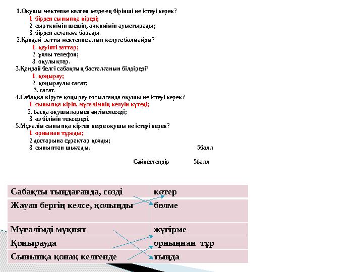 1.Оқушы мектепке келген кезде ең бірінші не істеуі керек? 1. бірден сыныпқа кіреді; 2. сырткиімін шешіп,