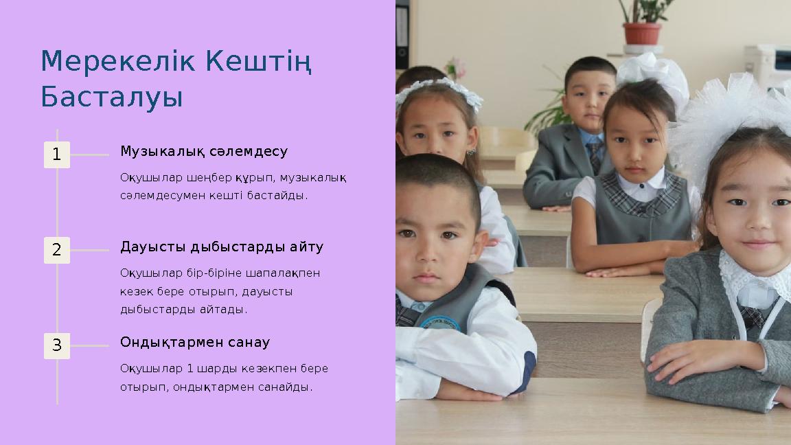 Мерекелік Кештің Басталуы 1 Музыкалық сәлемдесу Оқушылар шеңбер құрып, музыкалық сәлемдесумен кешті бастайды. 2 Дауысты дыбыст