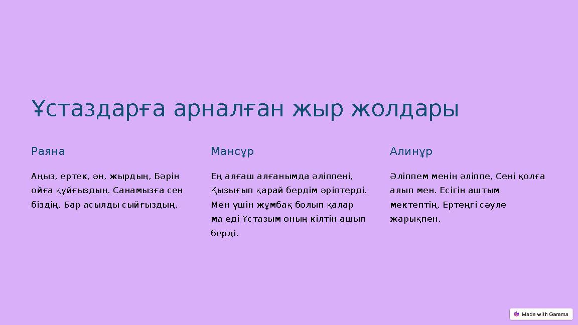 Ұстаздарға арналған жыр жолдары Раяна Аңыз, ертек, ән, жырдың, Бәрін ойға құйғыздың. Санамызға сен біздің, Бар асылды сыйғызды
