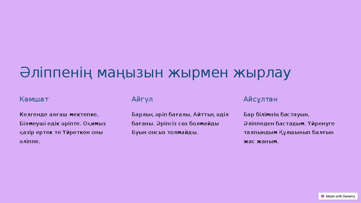 Әліппенің маңызын жырмен жырлау Кәмшат Келгенде алғаш мектепке, Білмеуші едік әріпте. Оқимыз қазір ертек те Үйреткен оны әліп