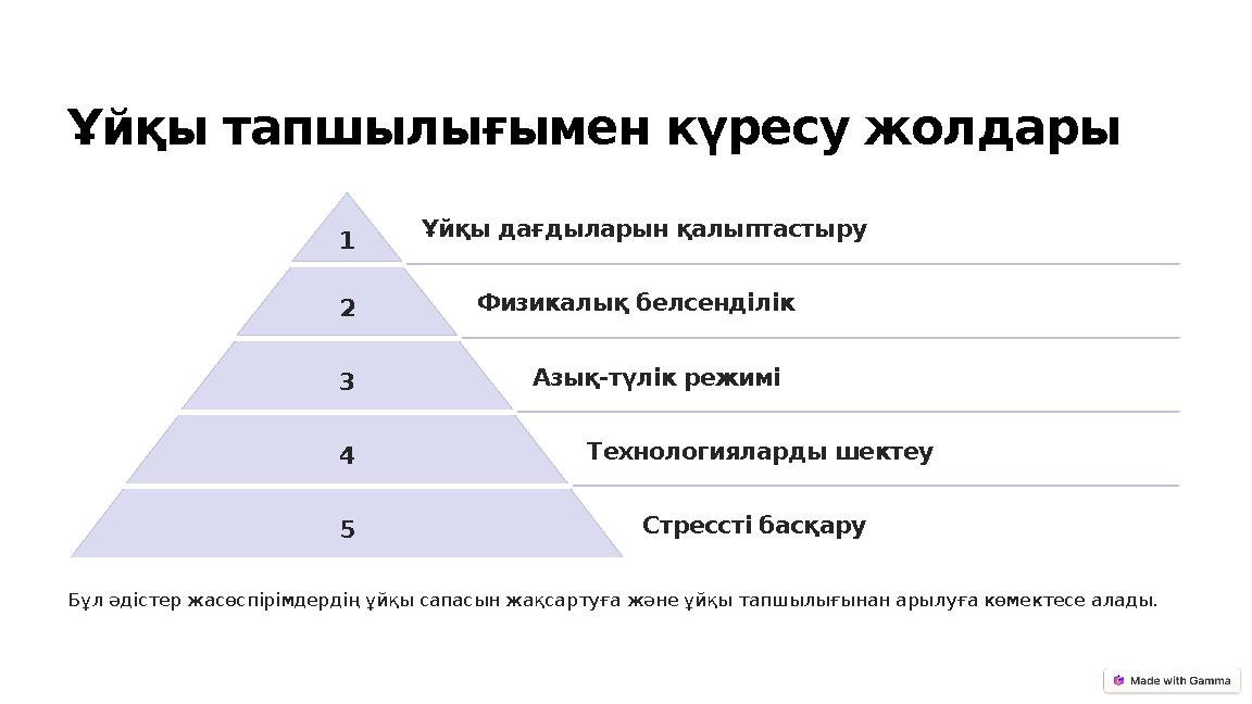 Ұйқы тапшылығымен күресу жолдары 1 Ұйқы дағдыларын қалыптастыру 2 Физикалық белсенділік 3 Азық-түлік режимі 4 Технологияларды ше