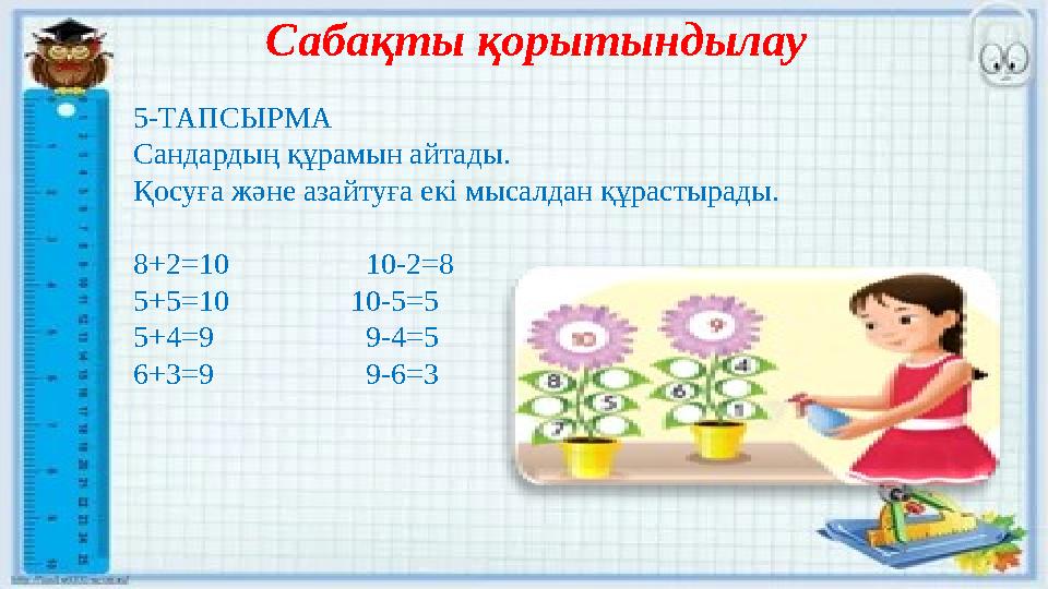 Сабақты қорытындылау 5-ТАПСЫРМА Сандардың құрамын айтады. Қосуға және азайтуға екі мысалдан құрастырады. 8+2=10