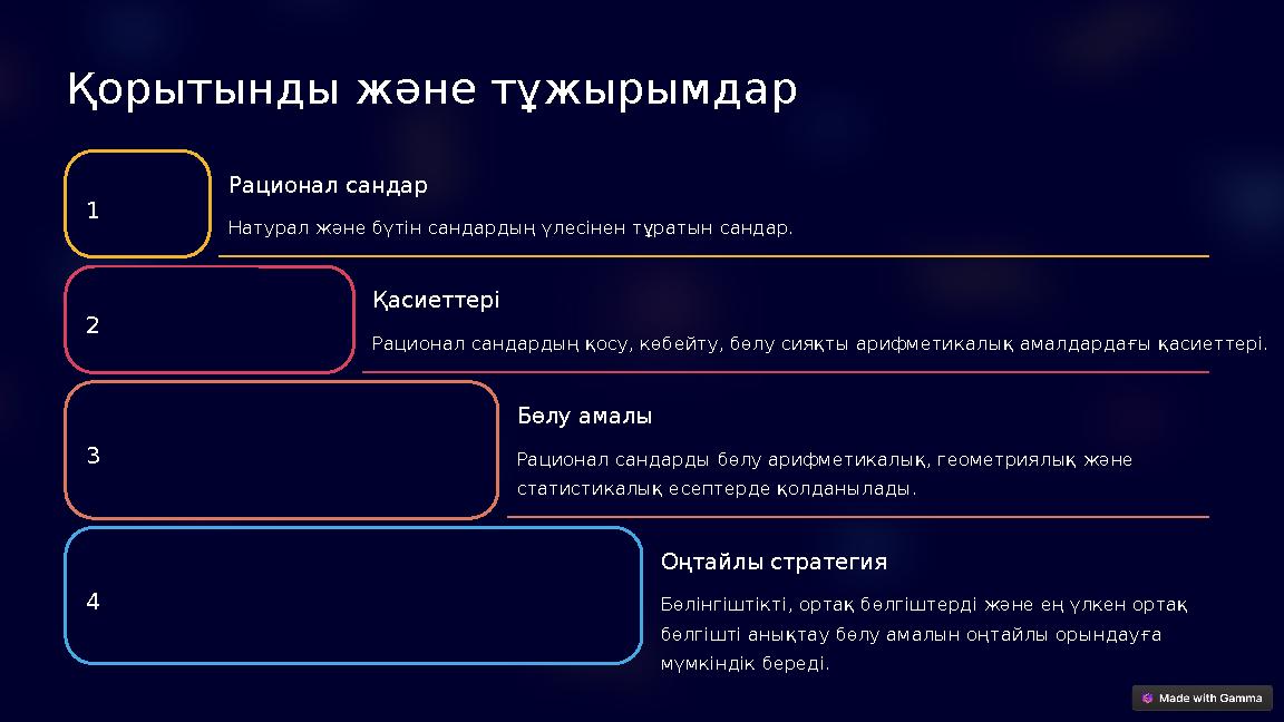 Қорытынды және тұжырымдар 1 Рационал сандар Натурал және бүтін сандардың үлесінен тұратын сандар. 2 Қасиеттері Рационал сандард