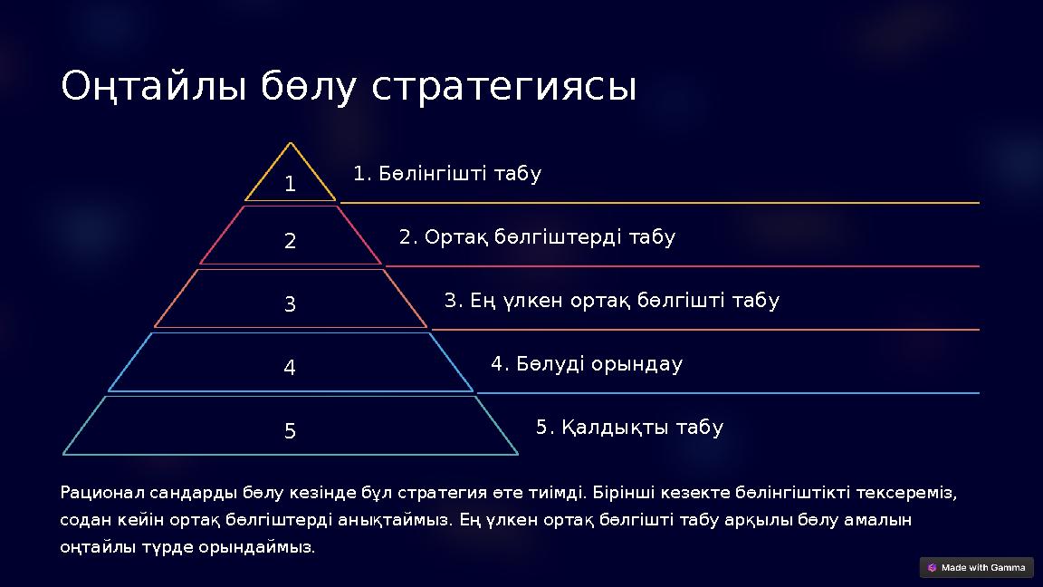 Оңтайлы бөлу стратегиясы 1 1. Бөлінгішті табу 2 2. Ортақ бөлгіштерді табу 3 3. Ең үлкен ортақ бөлгішті табу 4 4. Бөлуді орындау