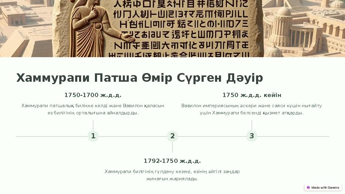 Хаммурапи Патша Өмір Сүрген Дәуір 1 1750-1700 ж.д.д. Хаммурапи патшалық билікке келді және Вавилон қаласын өз билігінің орталығ