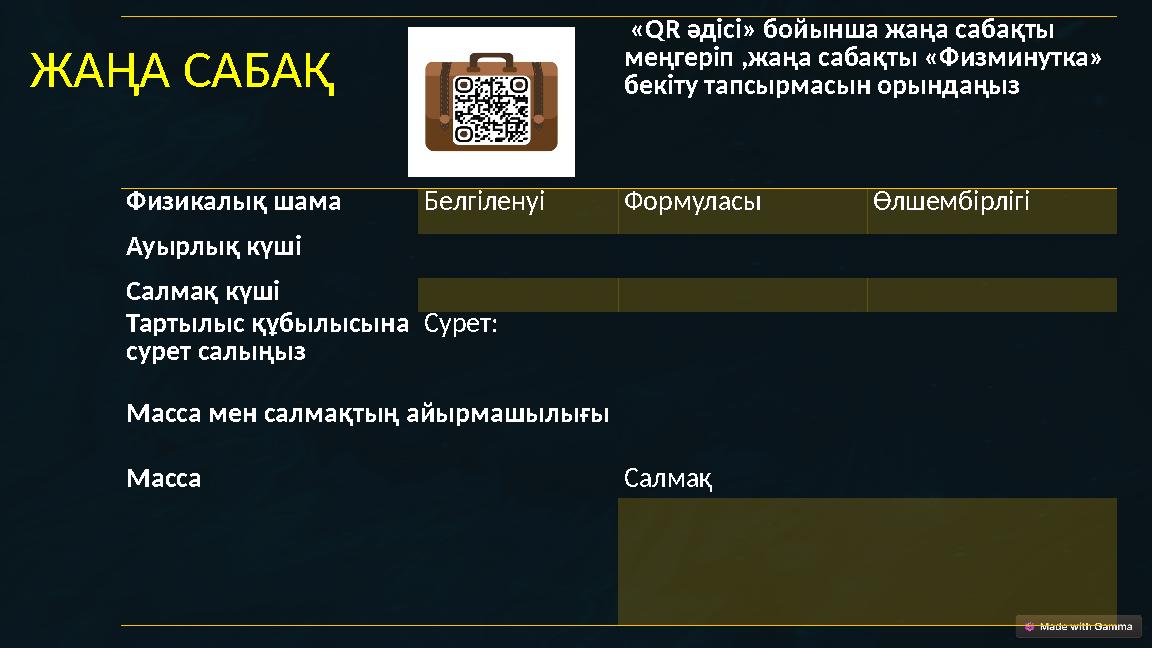 «QR әдісі» бойынша жаңа сабақты меңгеріп ,жаңа сабақты «Физминутка» бекіту тапсырмасын орындаңыз Физикалық шама Белгіленуі