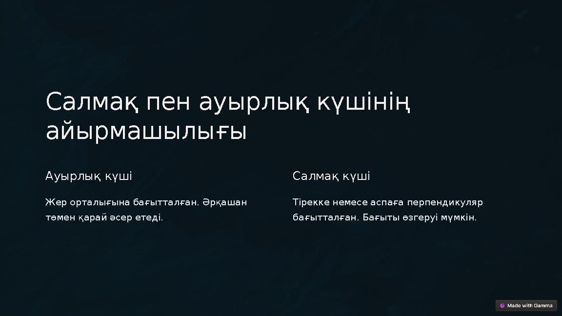 Салмақ пен ауырлық күшінің айырмашылығы Ауырлық күші Жер орталығына бағытталған. Әрқашан төмен қарай әсер етеді. Салмақ күші