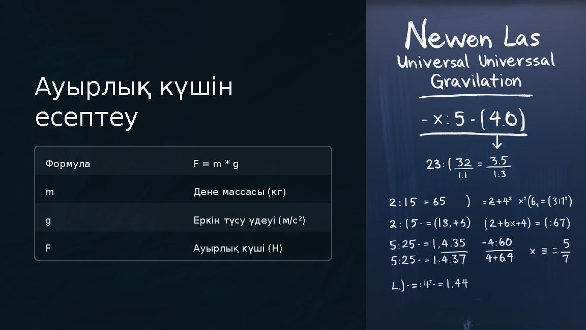 Ауырлық күшін есептеу Формула F = m * g m Дене массасы (кг) g Еркін түсу үдеуі (м/с²) F Ауырлық күші (Н)