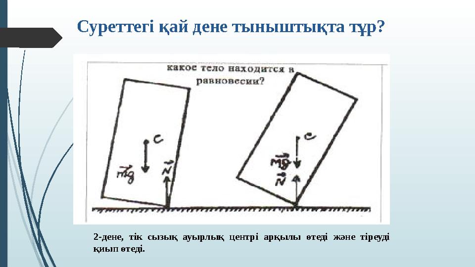 Суреттегі қай дене тыныштықта тұр? 2-дене, тік сызық ауырлық центрі арқылы өтеді және тіреуді қиып өтеді.