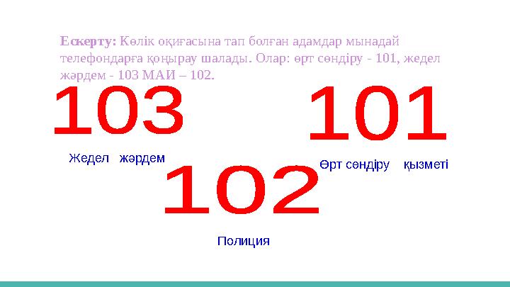 Ескерту: Көлік оқиғасына тап болған адамдар мынадай телефондарға қоңырау шалады. Олар: өрт сөндіру - 101, жедел жәрдем - 103 М