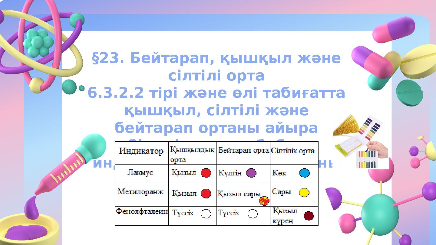 §23. Бейтарап, қышқыл және сілтілі орта 6.3.2.2 тірі және өлі табиғатта қышқыл, сілтілі және бейтарап ортаны айыра біледі жә