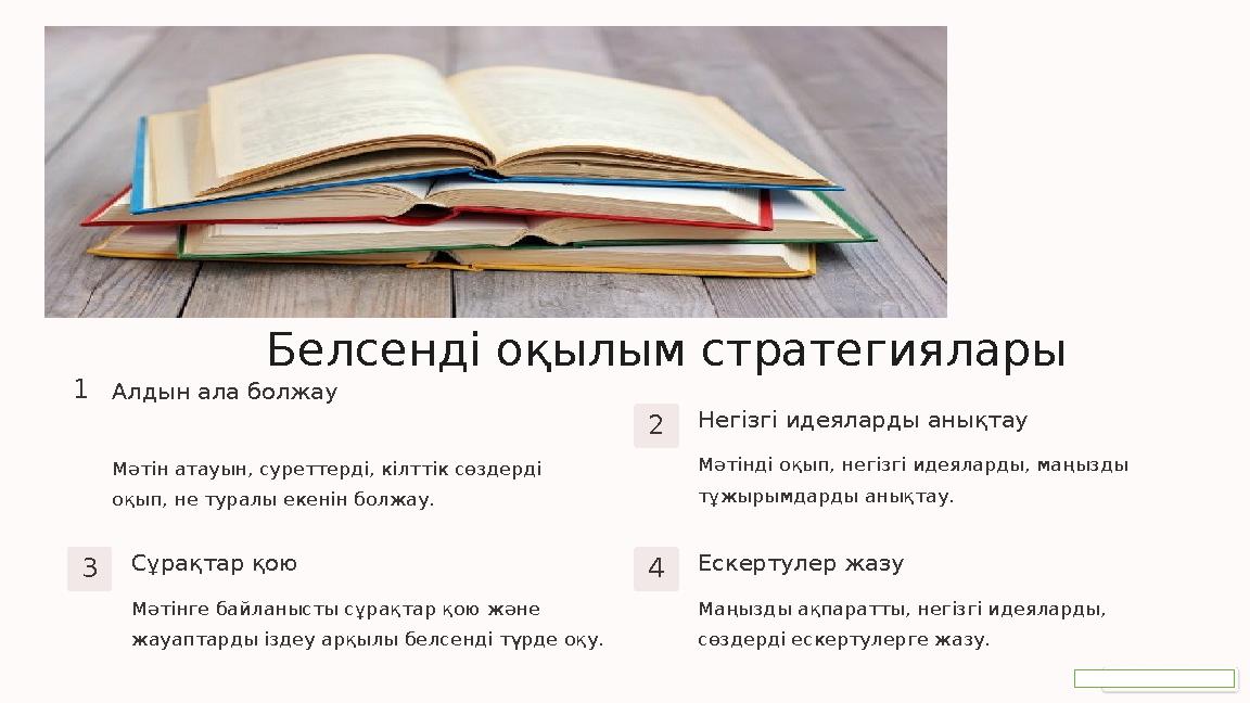 Белсенді оқылым стратегиялары 1Алдын ала болжау Мәтін атауын, суреттерді, кілттік сөздерді оқып, не туралы екенін болжау. 2 Нег