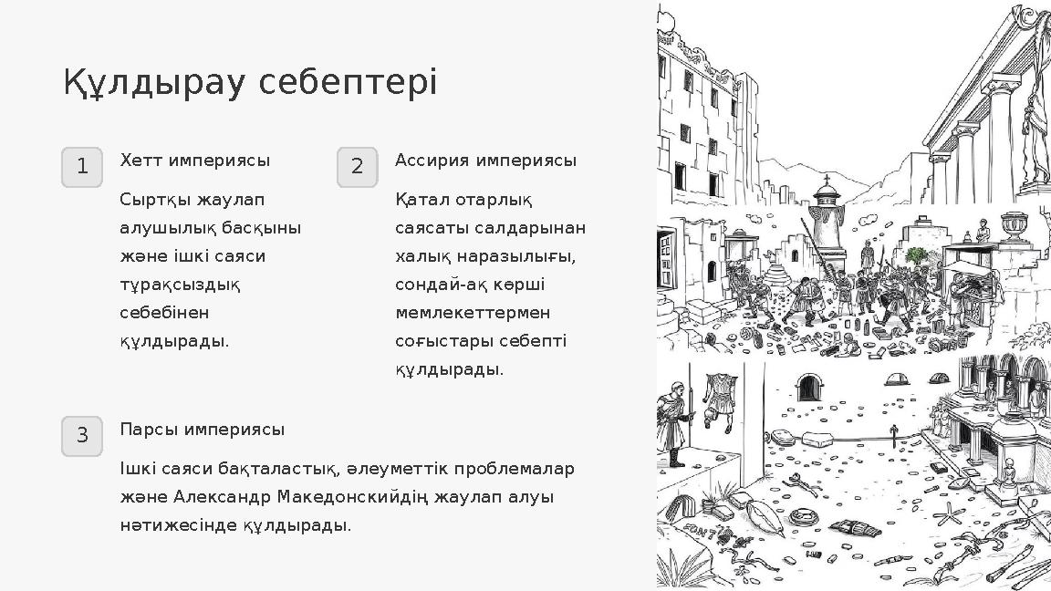 Құлдырау себептері 1 Хетт империясы Сыртқы жаулап алушылық басқыны және ішкі саяси тұрақсыздық себебінен құлдырады. 2 Ассир