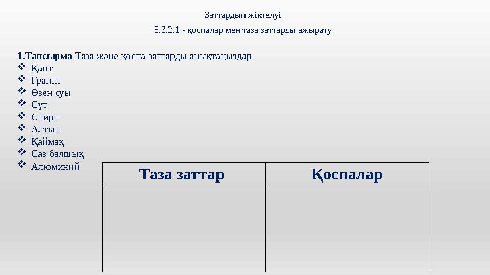 Заттардың жіктелуі 5.3.2.1 - қоспалар мен таза заттарды ажырату 1.Тапсырма Таза және қоспа заттарды анықтаңыздар Қант Гранит 