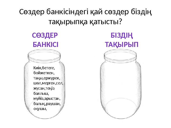 СӨЗДЕР БАНКІСІ БІЗДІҢ ТАҚЫРЫП Сөздер банкісіндегі қай сөздер біздің тақырыпқа қатысты? Киік,бетеге, бойжеткен, таңы,ержүрек, ш