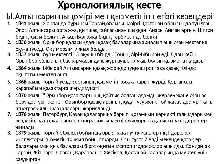 Хронологиялық кесте Ы.Алтынсаринныңөмірі мен қызметінің негізгі кезеңдері 1.1841 жылы 2 ақпанда бұрынғы Торғай,облысы қазіргі Қо