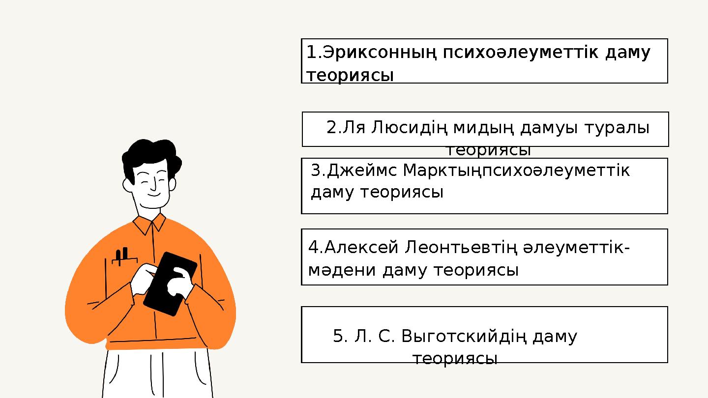 1.Эриксонның психоәлеуметтік даму теориясы 3.Джеймс Марктыңпсихоәлеуметтік даму теориясы 2.Ля Люсидің мидың дамуы туралы теор