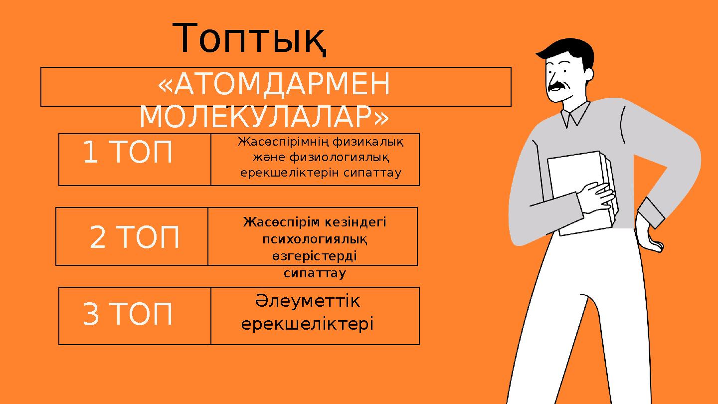 1 ТОП Топтық жұмыс «АТОМДАРМЕН МОЛЕКУЛАЛАР» Жасөспірімнің физикалық және физиологиялық ерекшеліктерін сипаттау Жасөспірім к