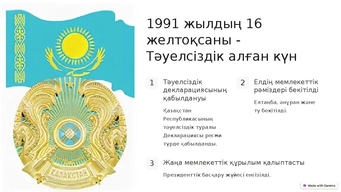 1991 жылдың 16 желтоқсаны - Тәуелсіздік алған күн 1Тәуелсіздік декларациясының қабылдануы Қазақстан Республикасының тәуелс