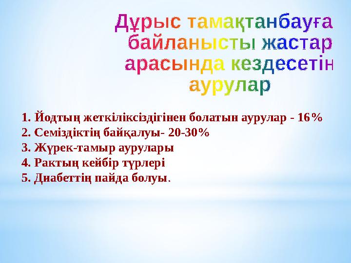 1.Йодтың жеткіліксіздігінен болатын аурулар - 16% 2. Семіздіктің байқалуы- 20-30% 3. Жүрек-тамыр аурулары 4. Рактың кейбір түр