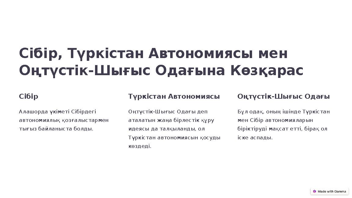 Сібір, Түркістан Автономиясы мен Оңтүстік-Шығыс Одағына Көзқарас Сібір Алашорда үкіметі Сібірдегі автономиялық қозғалыстармен