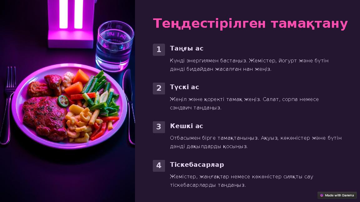 Теңдестірілген тамақтану 1Таңғы ас Күнді энергиямен бастаңыз. Жемістер, йогурт және бүтін дәнді бидайдан жасалған нан жеңіз. 2Т