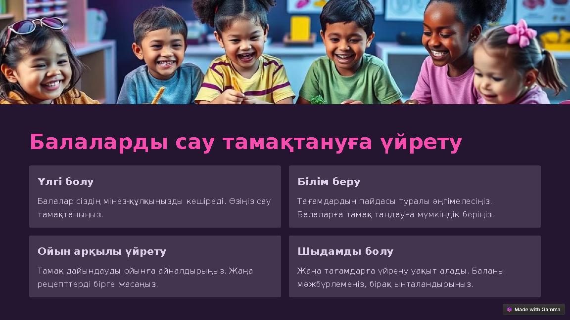 Балаларды сау тамақтануға үйрету Үлгі болу Балалар сіздің мінез-құлқыңызды көшіреді. Өзіңіз сау тамақтаныңыз. Білім беру Тағамд