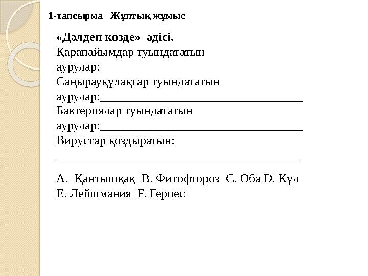 «Дәлдеп көзде» әдісі. Қарапайымдар туындататын аурулар:_________________________________ Саңырауқұлақтар туындататын