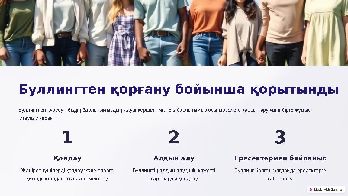 Буллингтен қорғану бойынша қорытынды Буллингпен күресу - біздің барлығымыздың жауапкершілігіміз. Біз барлығымыз осы мәселеге қа